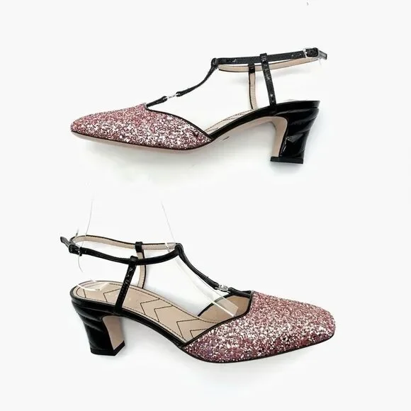 GUCCI Pink Glitter T-Strap Embellished Size 37.5 US 7.5 Leather GG Marmont - Picture 4 of 14